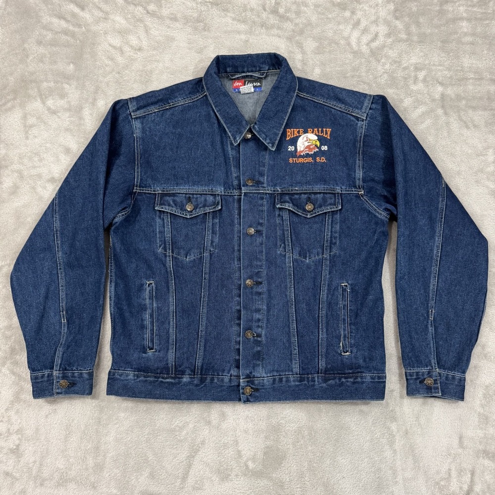Sturgis Bike Rally Denim Jacket Mens L Trucker Upcycled Jon Lauren Cinch‎ Back